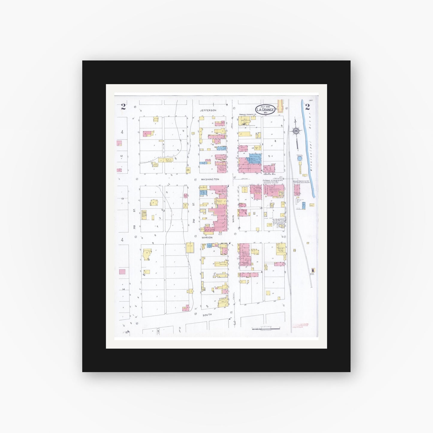 Old map wall art mockup — black gallery frame with white mat — Sanborn Fire Insurance Map from La Grange, Lewis County, Missouri (1930), Sheet #0002