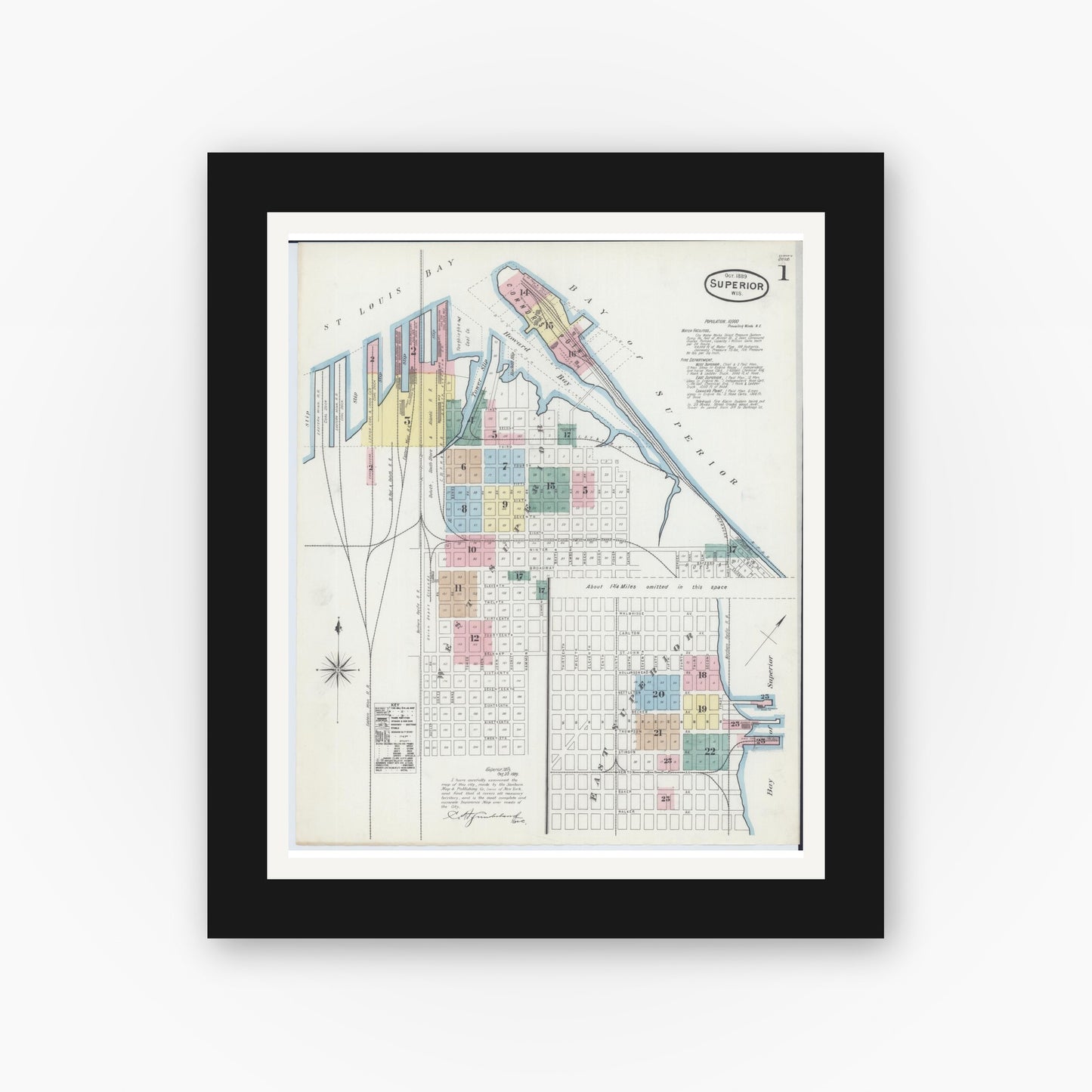 Old map wall art mockup — black gallery frame with white mat — Sanborn Fire Insurance Map from Superior, Douglas County, Wisconsin (1889), Sheet #0001