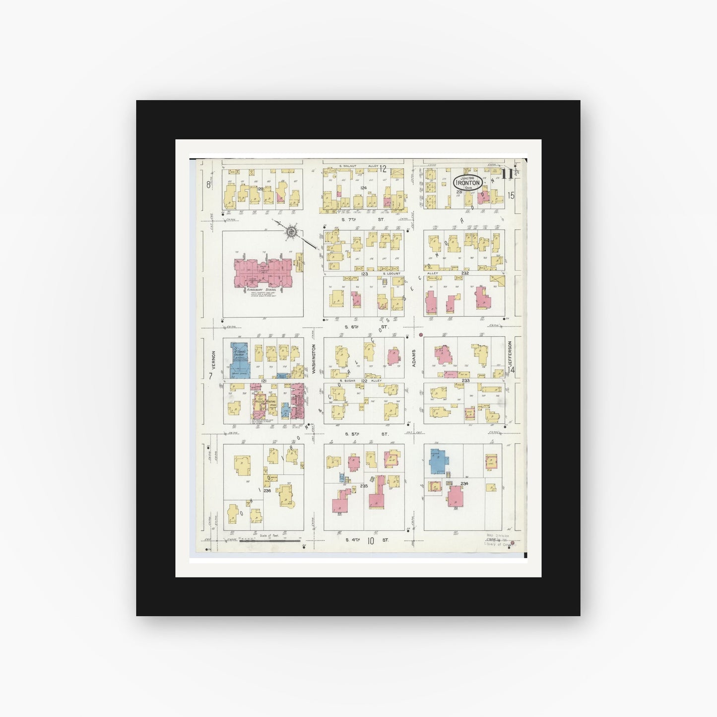 Old map wall art mockup — black gallery frame with white mat — Sanborn Fire Insurance Map from Ironton, Lawrence County, Ohio (1916), Sheet #0011