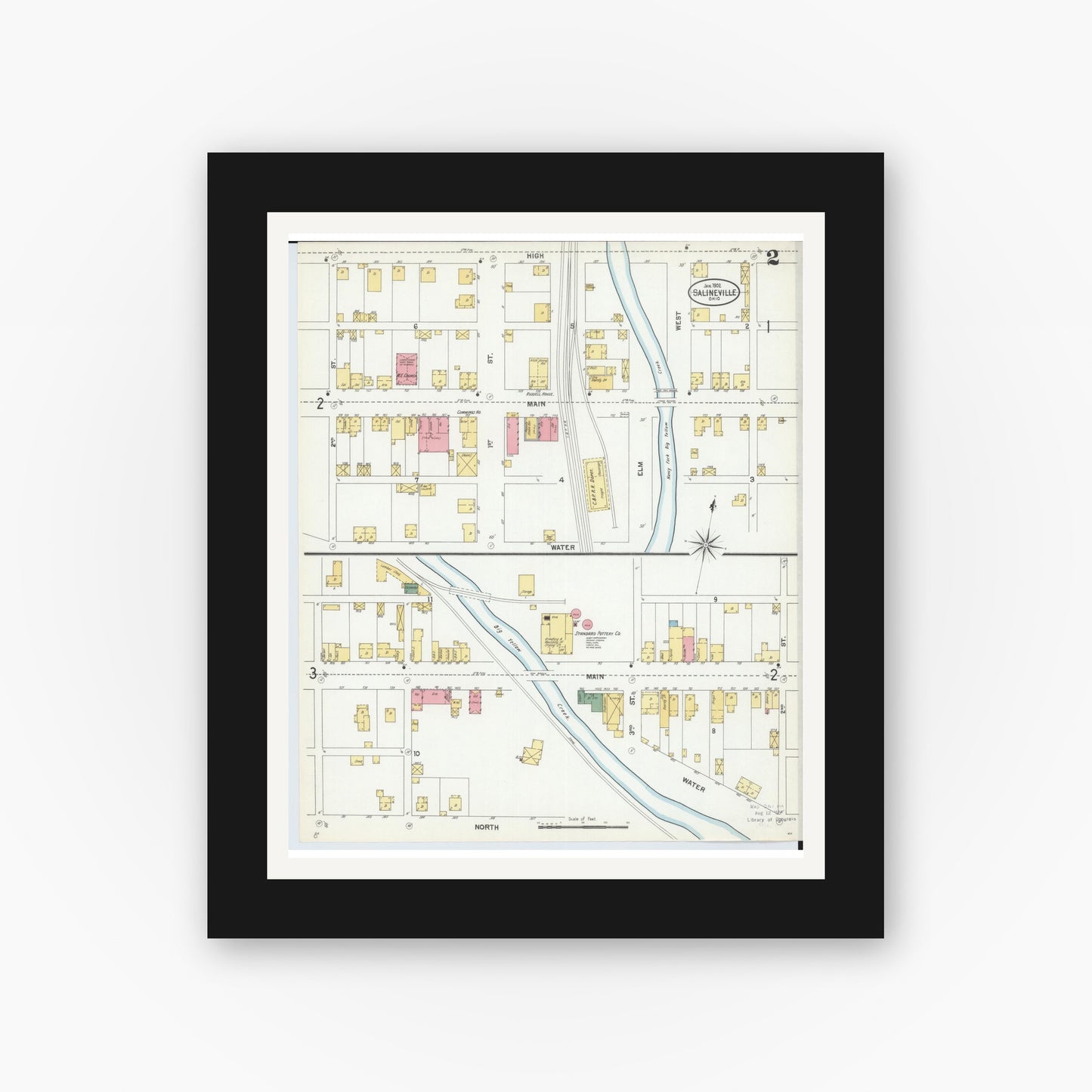 Old map wall art mockup — black gallery frame with white mat — Sanborn Fire Insurance Map from Salineville, Columbiana County, Ohio (1902), Sheet #0002