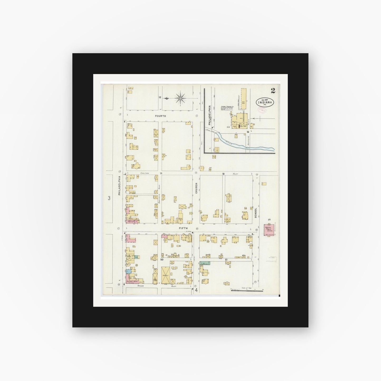 Old map wall art mockup — black gallery frame with white mat — Sanborn Fire Insurance Map from Indiana, Indiana County, Pennsylvania (1888), Sheet #0002