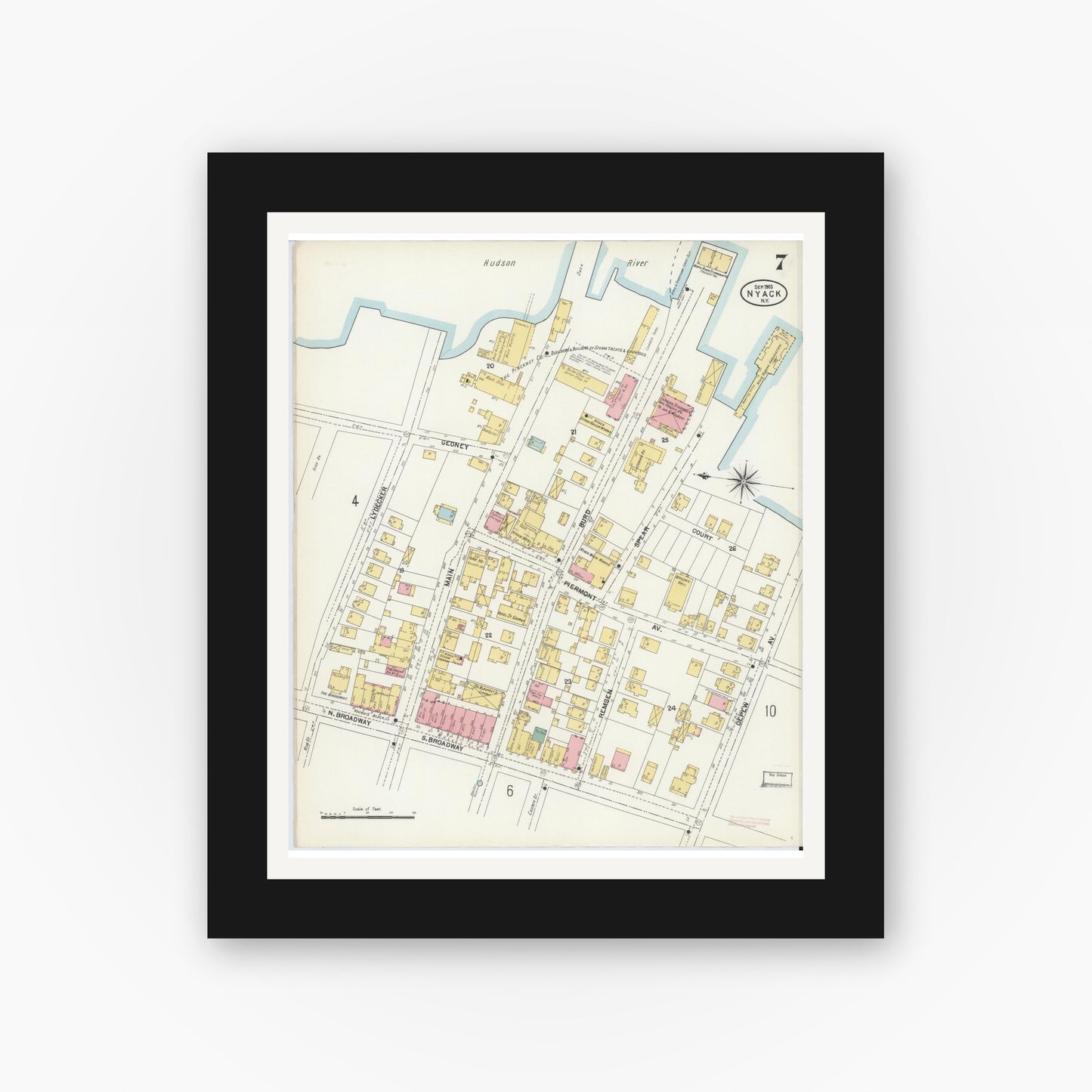 Old map wall art mockup — black gallery frame with white mat — Sanborn Fire Insurance Map from Nyack, Rockland County, New York. (1903), Sheet #0007