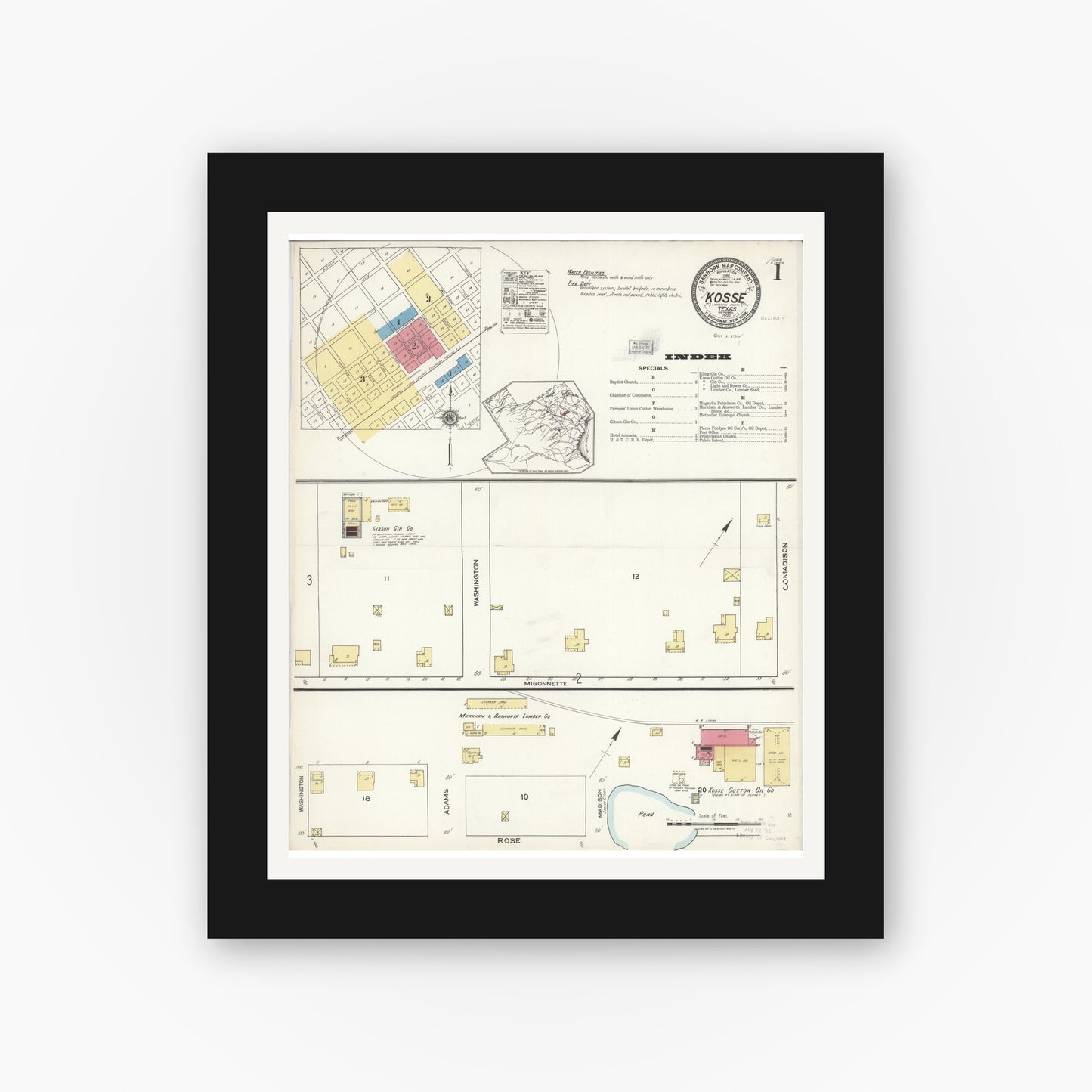 Old map wall art mockup — black gallery frame with white mat — Sanborn Fire Insurance Map from Kosse, Limestone County, Texas (1921), Sheet #0001