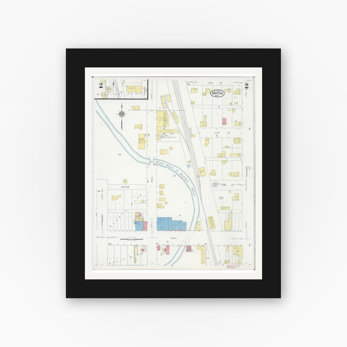 Old map wall art mockup β black gallery frame with white mat β Sanborn Fire Insurance Map from Marion, Osceola County, Michigan (1929), Sheet #0002