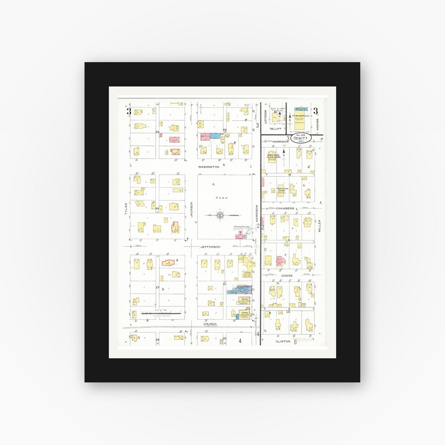 Old map wall art mockup — black gallery frame with white mat — Sanborn Fire Insurance Map from De Witt, Clinton County, Iowa (1926), Sheet #0003