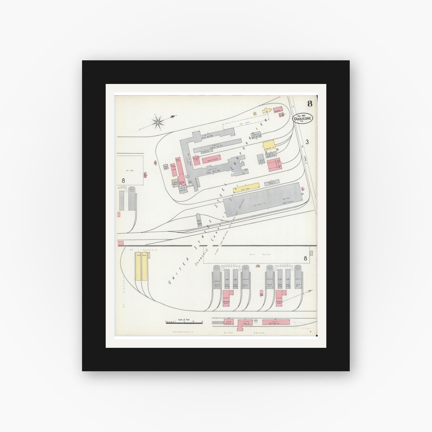 Old map wall art mockup — black gallery frame with white mat — Sanborn Fire Insurance Map from Duquesne, Allegheny County, Pennsylvania (1901), Sheet #0008