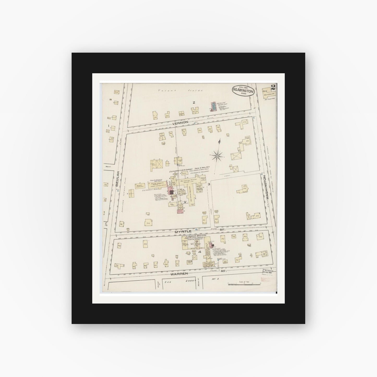 Old map wall art mockup — black gallery frame with white mat — Sanborn Fire Insurance Map from South Abington, Plymouth County, Massachusetts (1885), Sheet #0002