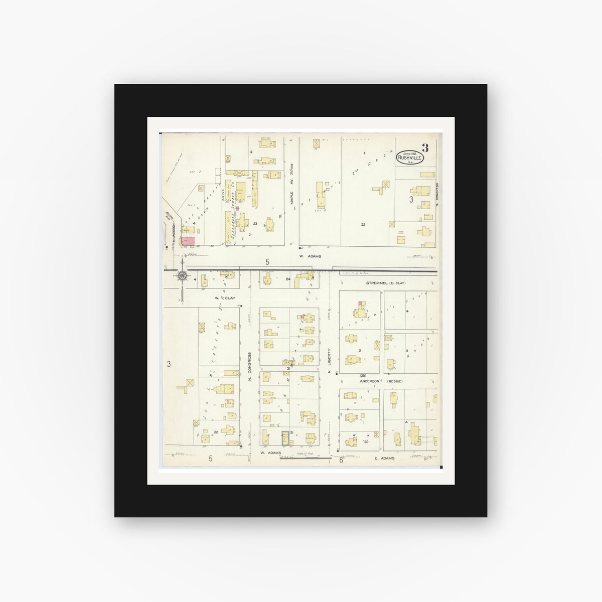 Old map wall art mockup — black gallery frame with white mat — Sanborn Fire Insurance Map from Rushville, Schuyler County, Illinois (1913), Sheet #0003