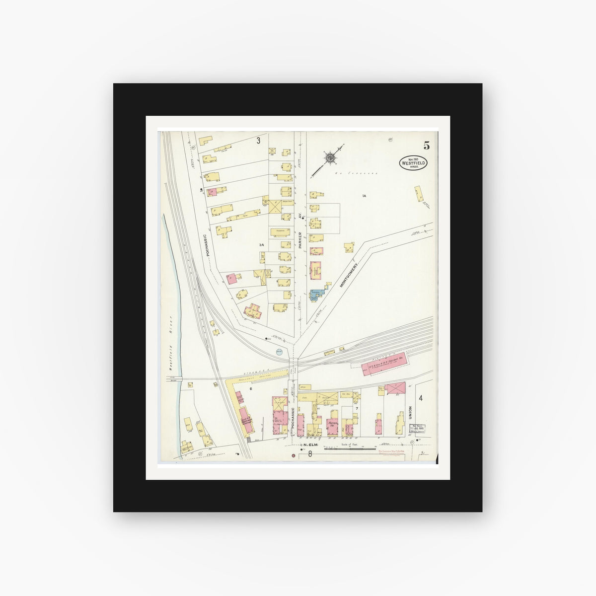 Old map wall art mockup — black gallery frame with white mat — Sanborn Fire Insurance Map from Westfield, Hampden County, Massachusetts (1910), Sheet #0005