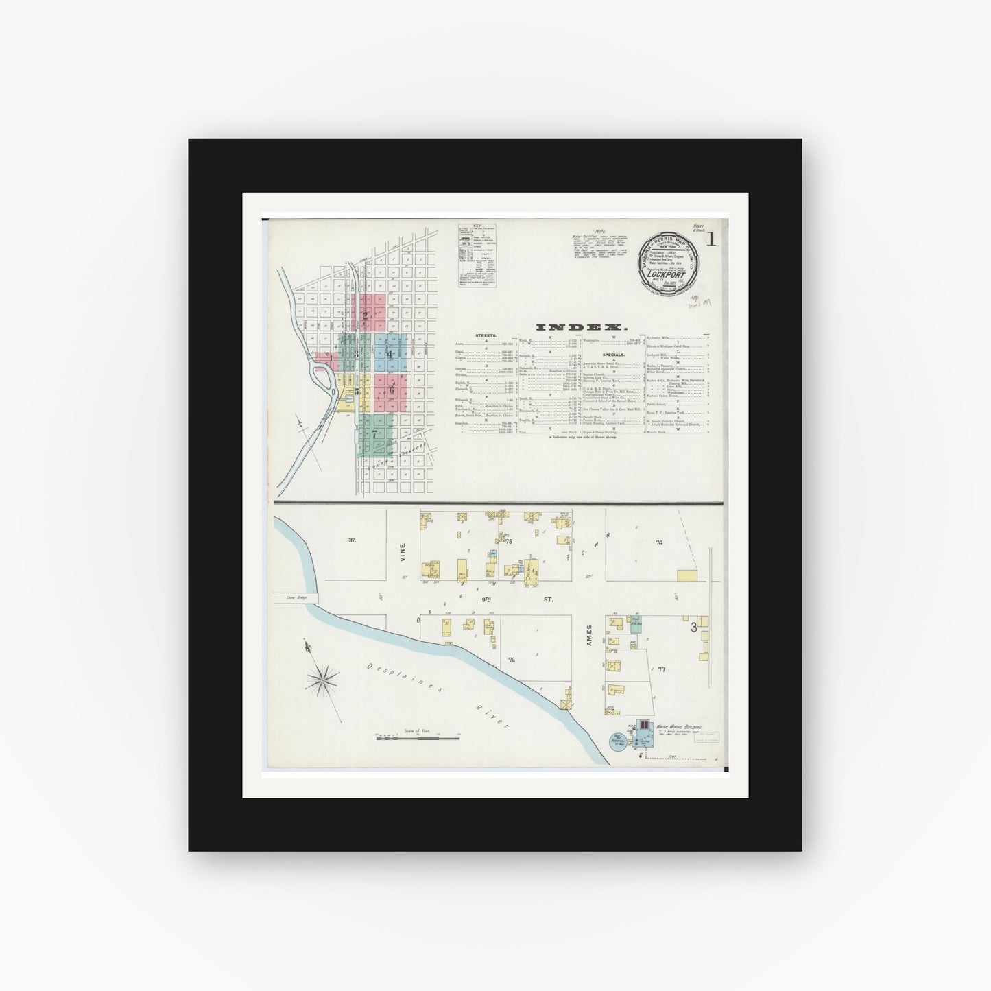 Old map wall art mockup — black gallery frame with white mat — Sanborn Fire Insurance Map from Lockport, Will County, Illinois (1897), Sheet #0001
