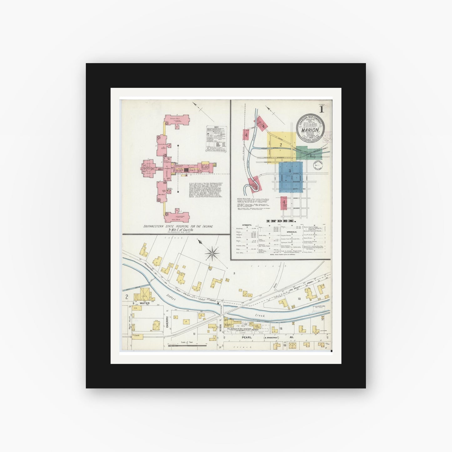 Old map wall art mockup — black gallery frame with white mat — Sanborn Fire Insurance Map from Marion, Smyth County, Virginia (1902) - Complete Map Set