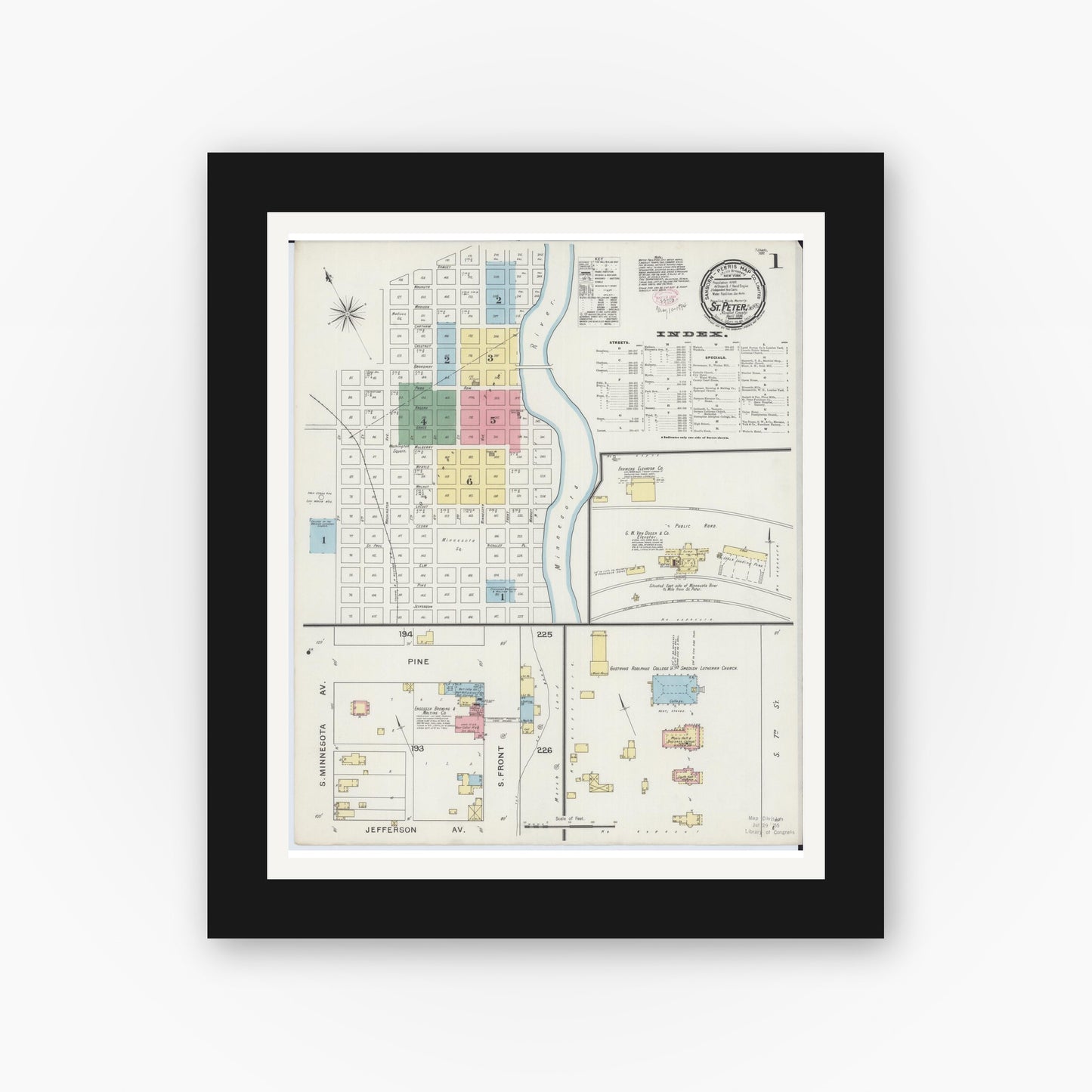 Old map wall art mockup — black gallery frame with white mat — Sanborn Fire Insurance Map from Saint Peter, Nicollet County, Minnesota (1894), Sheet #0001