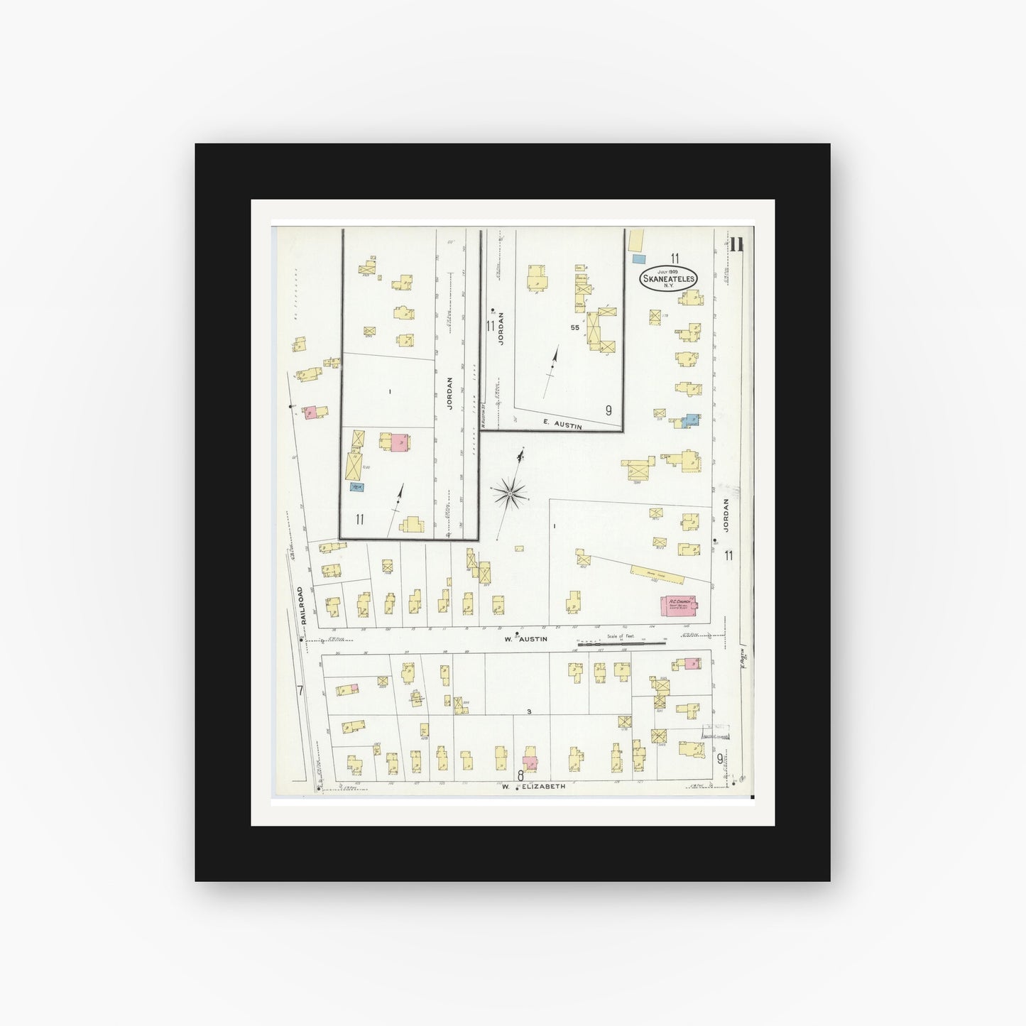 Old map wall art mockup — black gallery frame with white mat — Sanborn Fire Insurance Map from Skaneateles, Onondaga County, New York (1909), Sheet #0011