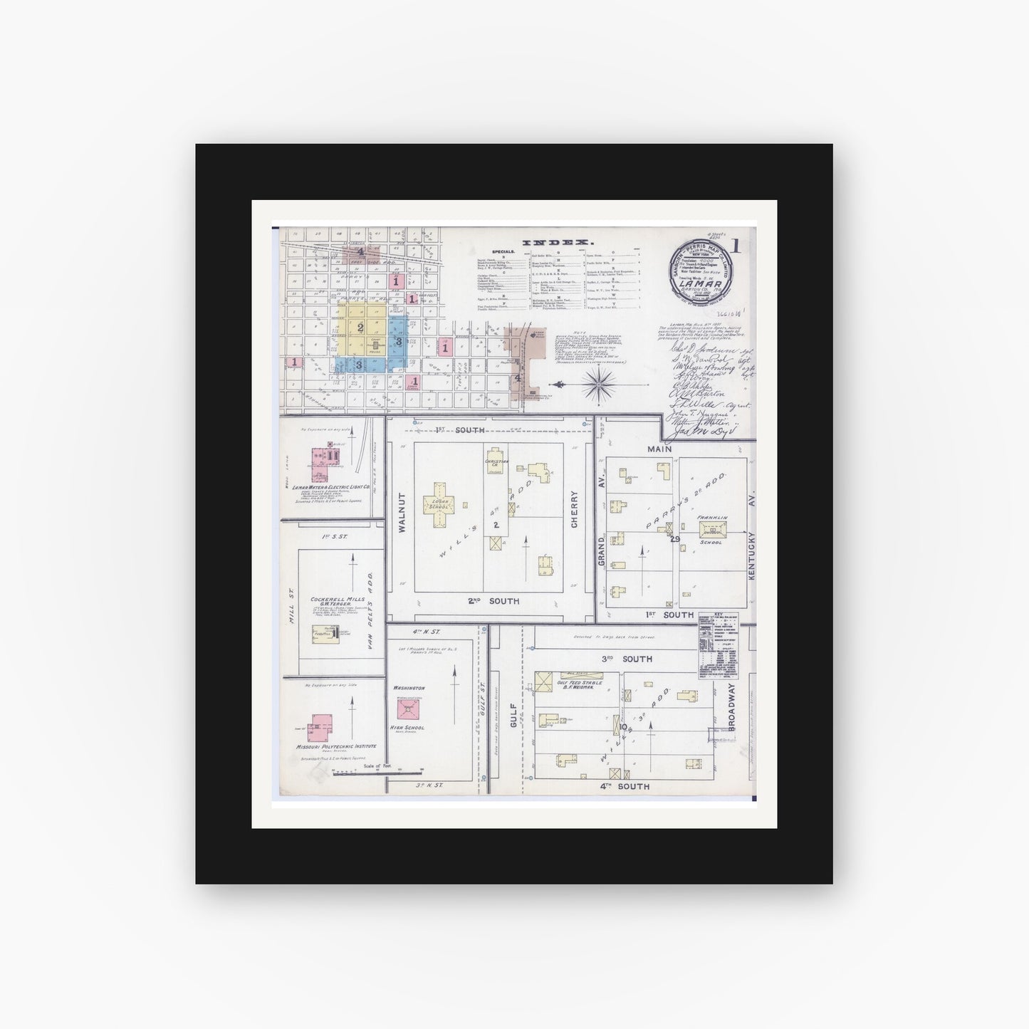Old map wall art mockup — black gallery frame with white mat — Sanborn Fire Insurance Map from Lamar, Barton County, Missouri (1891), Sheet #0001