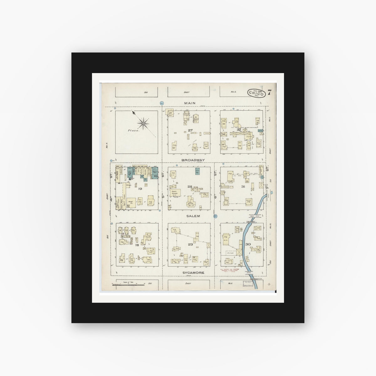 Old map wall art mockup — black gallery frame with white mat — Sanborn Fire Insurance Map from Chico, Butte County, California (1886), Sheet #0007