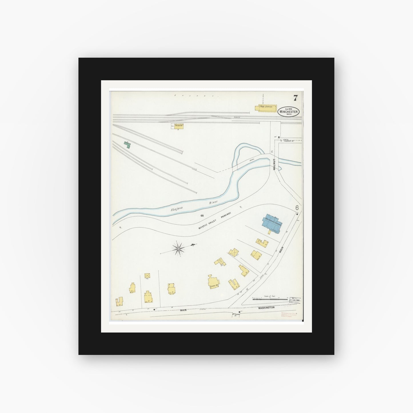 Old map wall art mockup — black gallery frame with white mat — Sanborn Fire Insurance Map from Winchester, Middlesex County, Massachusetts (1899), Sheet #0007