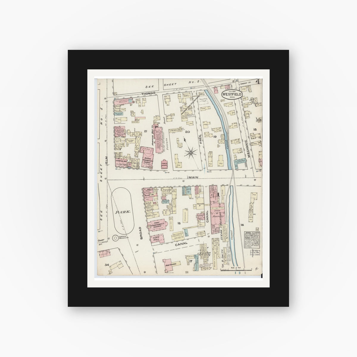 Old map wall art mockup — black gallery frame with white mat — Sanborn Fire Insurance Map from Westfield, Hampden County, Massachusetts (1884), Sheet #0004
