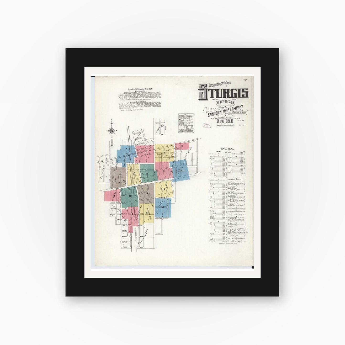Old map wall art mockup — black gallery frame with white mat — Sanborn Fire Insurance Map from Sturgis, Saint Joseph County, Michigan (1911), Sheet #0001
