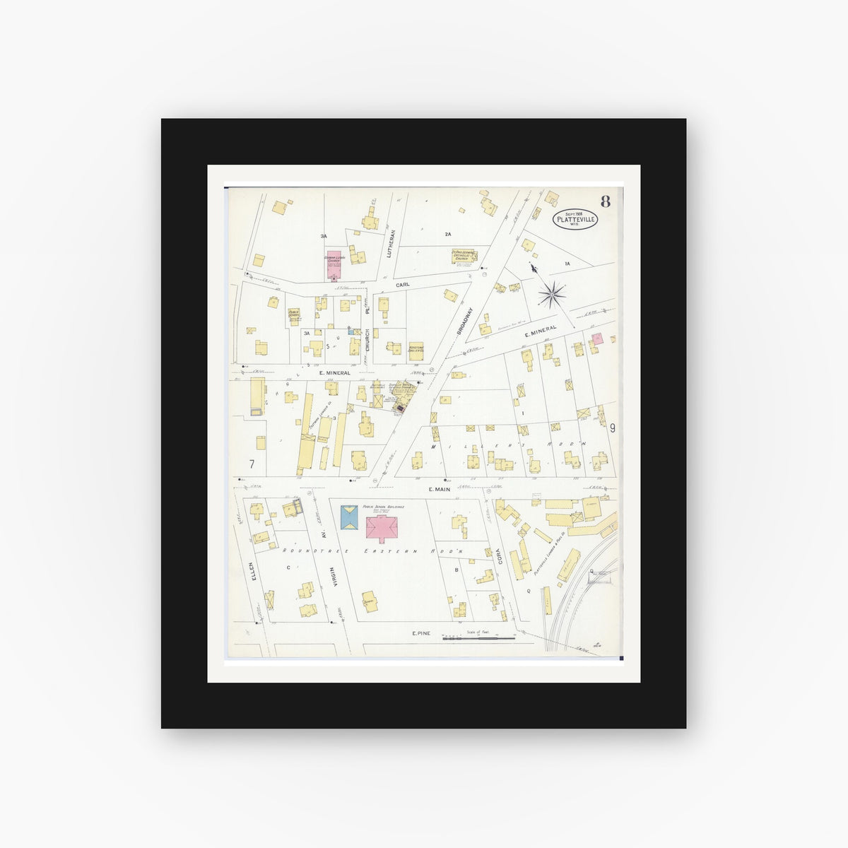 Old map wall art mockup — black gallery frame with white mat — Sanborn Fire Insurance Map from Platteville, Grant County, Wisconsin (1908), Sheet #0008
