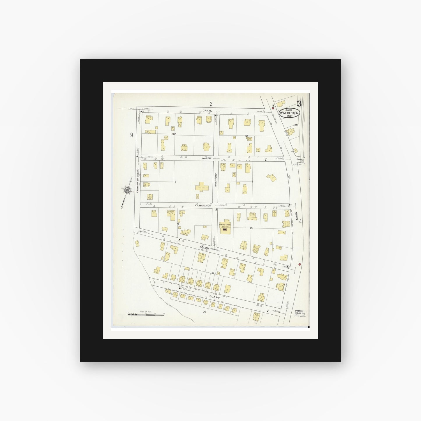 Old map wall art mockup — black gallery frame with white mat — Sanborn Fire Insurance Map from Winchester, Middlesex County, Massachusetts (1916), Sheet #0003