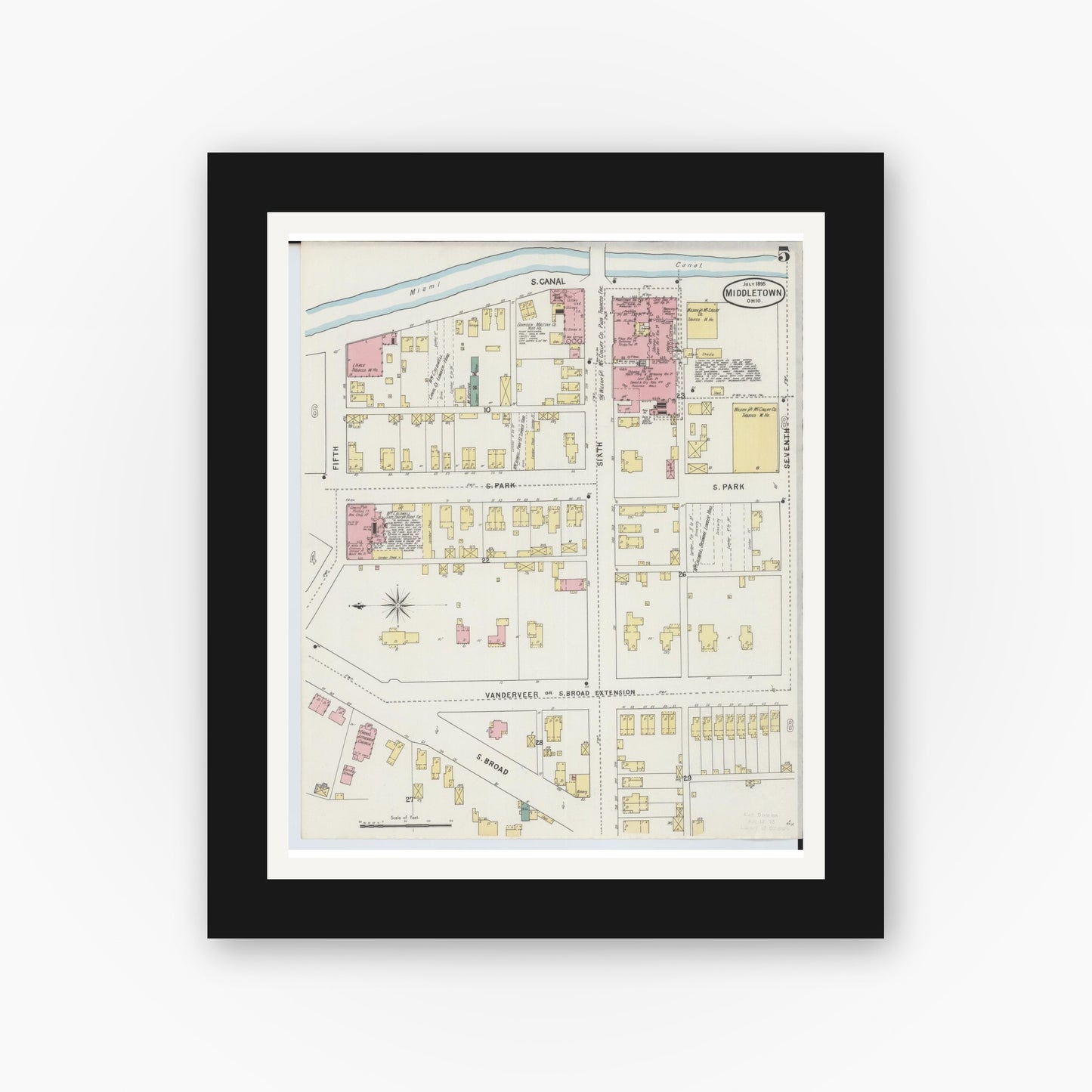 Old map wall art mockup — black gallery frame with white mat — Sanborn Fire Insurance Map from Middletown, Butler County, Ohio (1895), Sheet #0005