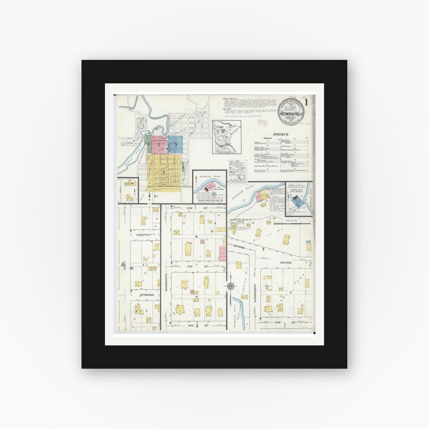 Old map wall art mockup — black gallery frame with white mat — Sanborn Fire Insurance Map from Redwood Falls, Redwood County, Minnesota (1915) - Complete Map Set