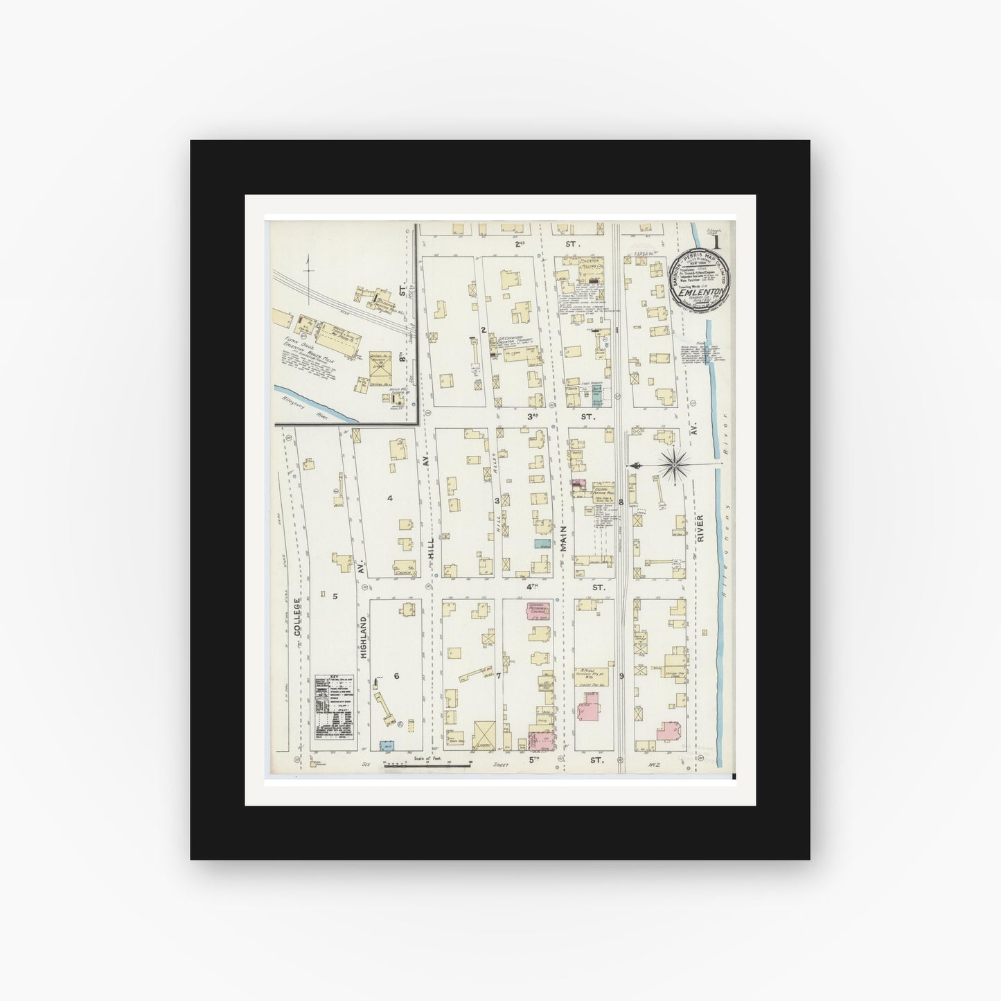 Old map wall art mockup — black gallery frame with white mat — Sanborn Fire Insurance Map from Emlenton, Venango County, Pennsylvania (1891) - Complete Map Set