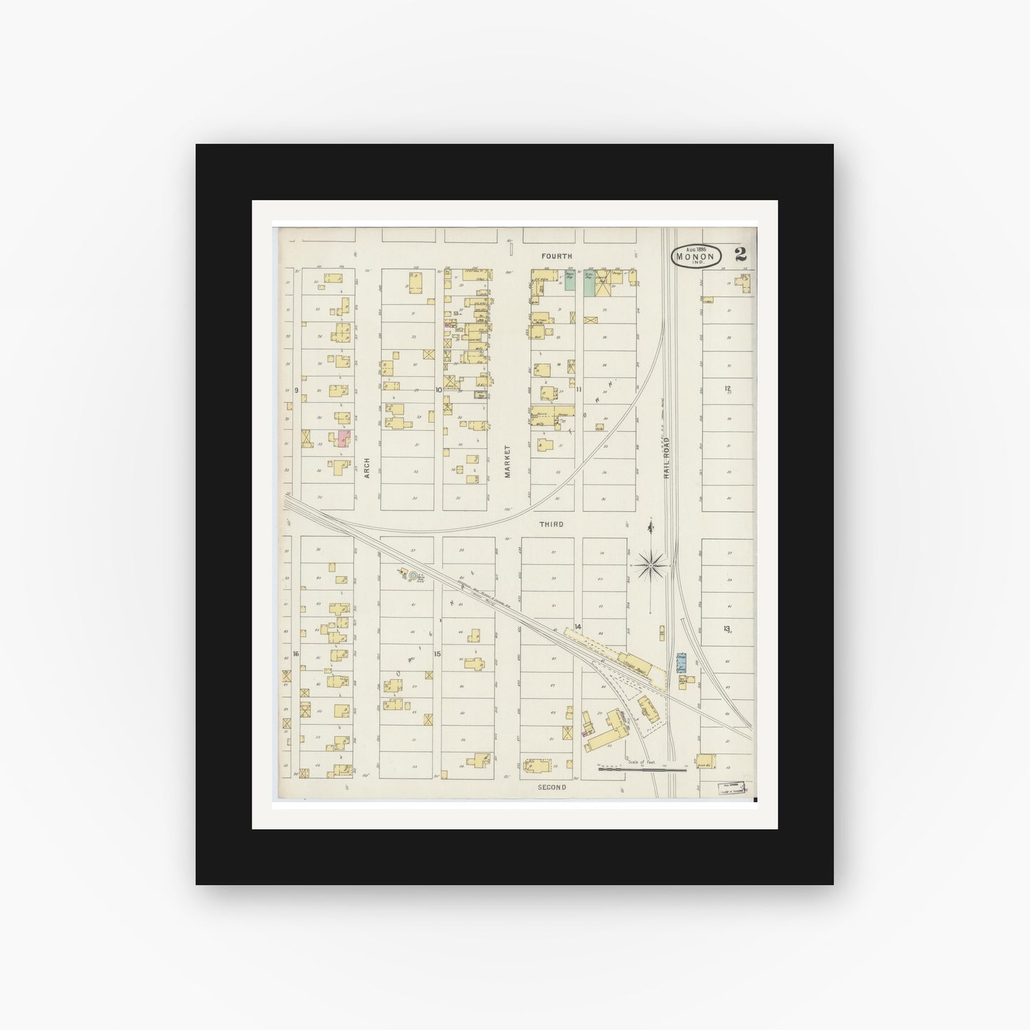 Old map wall art mockup — black gallery frame with white mat — Sanborn Fire Insurance Map from Monon, White County, Indiana (1895), Sheet #0002