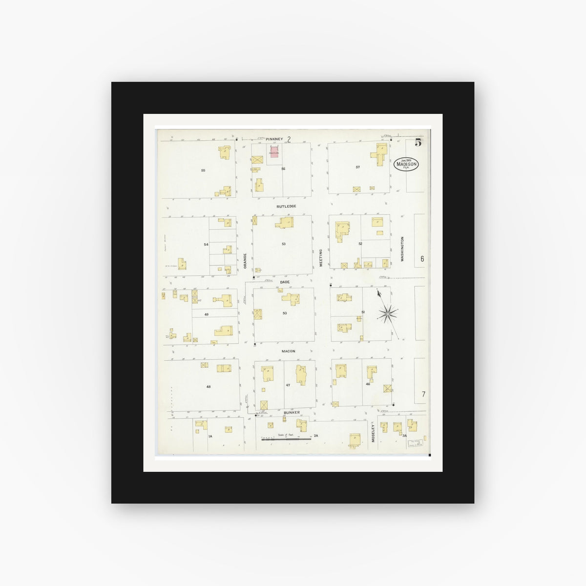 Old map wall art mockup — black gallery frame with white mat — Sanborn Fire Insurance Map from Madison, Madison County, Florida (1909), Sheet #0005