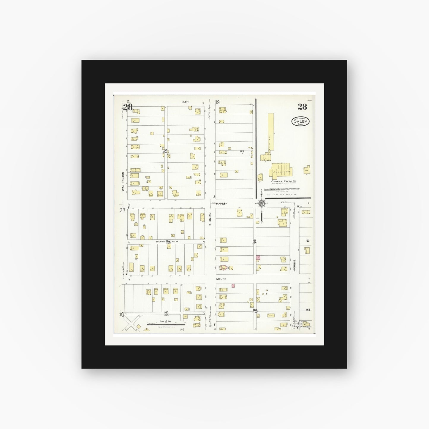 Old map wall art mockup — black gallery frame with white mat — Sanborn Fire Insurance Map from Salem, Columbiana County, Ohio (1926), Sheet #0028