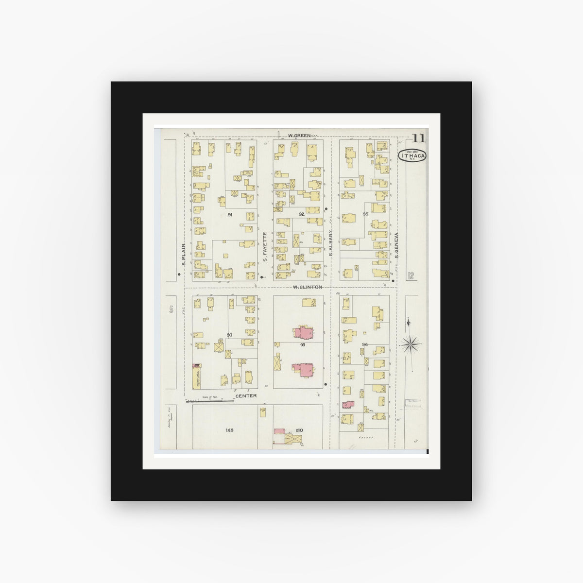 Old map wall art mockup — black gallery frame with white mat — Sanborn Fire Insurance Map from Ithaca, Tompkins County, New York (1893), Sheet #0011