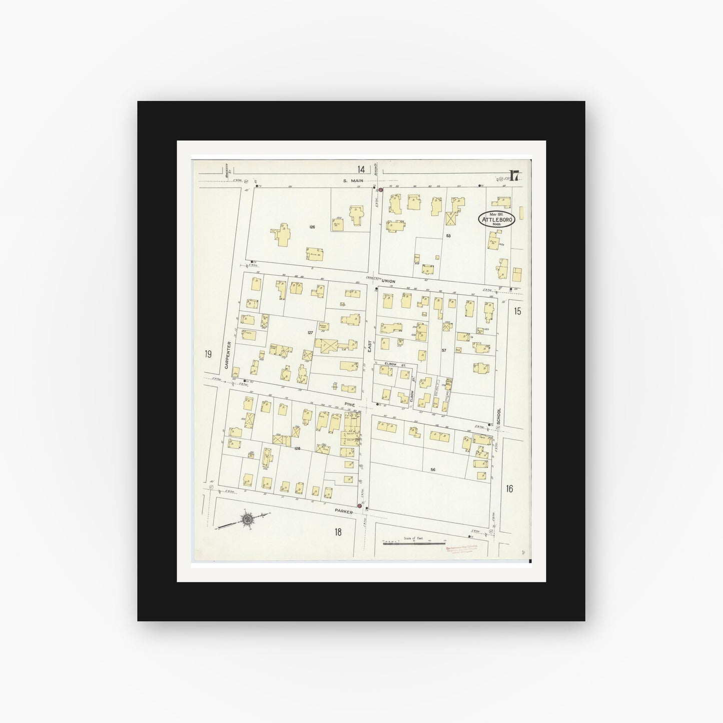 Old map wall art mockup — black gallery frame with white mat — Sanborn Fire Insurance Map from Attleboro, Bristol County, Massachusetts (1911), Sheet #0017