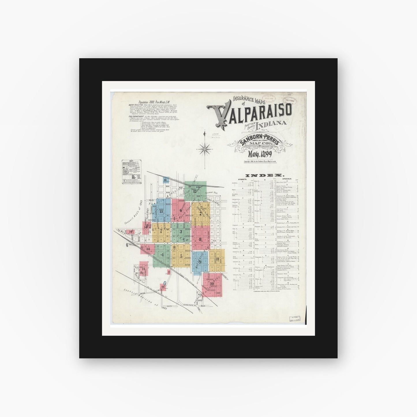 Old map wall art mockup — black gallery frame with white mat — Sanborn Fire Insurance Map from Valparaiso, Porter County, Indiana (1899), Sheet #0001