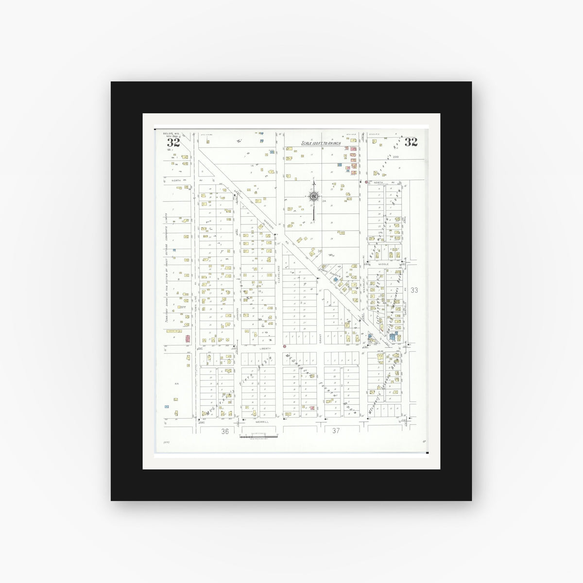 Old map wall art mockup — black gallery frame with white mat — Sanborn Fire Insurance Map from Beloit, Rock County, Wisconsin (1939), Sheet #0032