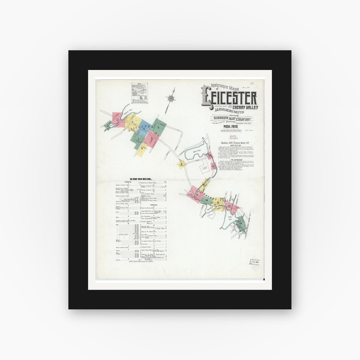 Old map wall art mockup — black gallery frame with white mat — Sanborn Fire Insurance Map from Leicester, Worcester County, Massachusetts (1910) - Complete Map Set