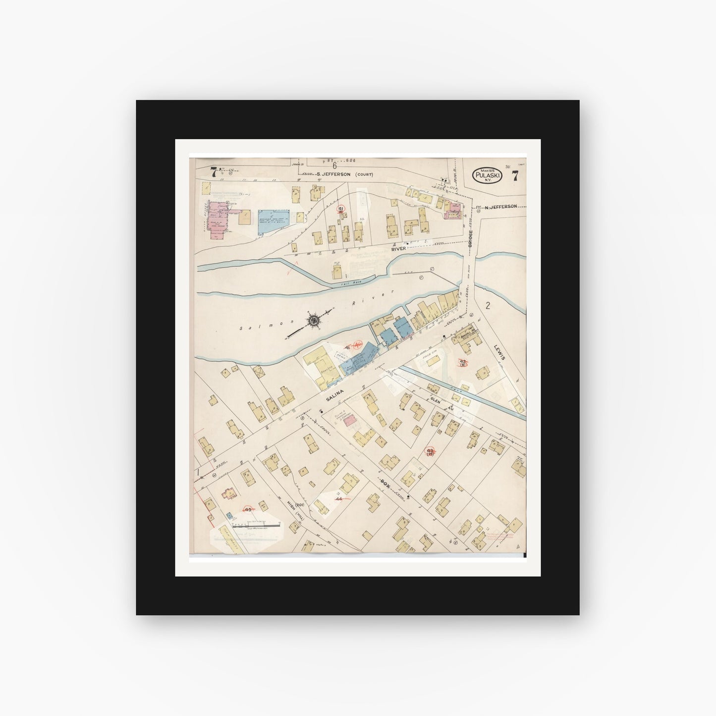 Old map wall art mockup — black gallery frame with white mat — Sanborn Fire Insurance Map from Pulaski, Oswego County, New York (1959), Sheet #0007