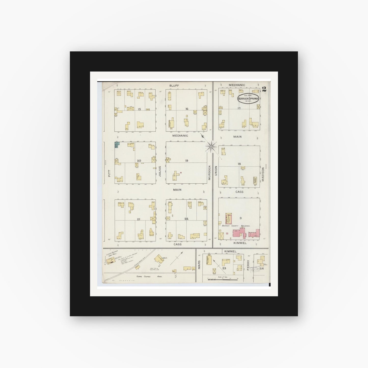 Old map wall art mockup — black gallery frame with white mat — Sanborn Fire Insurance Map from Berrien Springs, Berrien County, Michigan (1893), Sheet #0002