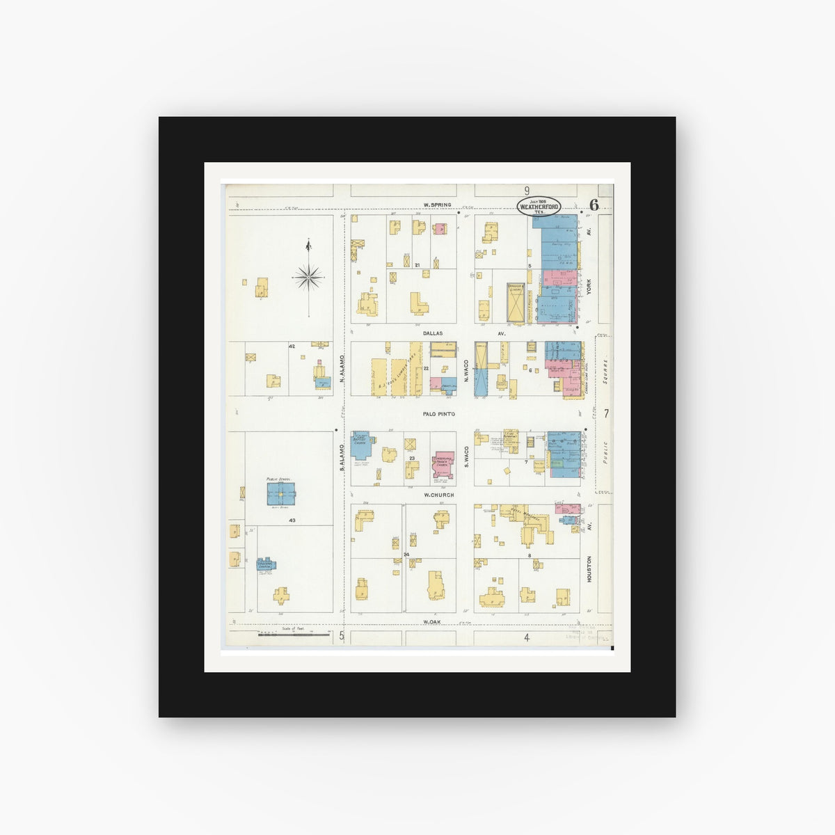Old map wall art mockup — black gallery frame with white mat — Sanborn Fire Insurance Map from Weatherford, Parker County, Texas (1905), Sheet #0006