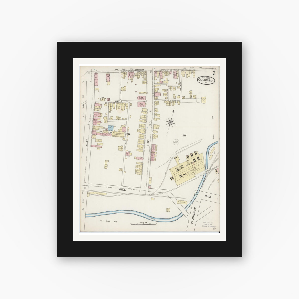 Old map wall art mockup — black gallery frame with white mat — Sanborn Fire Insurance Map from Columbia, Lancaster County, Pennsylvania (1886), Sheet #0007