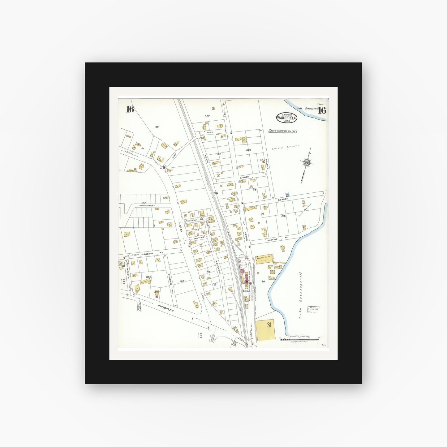 Old map wall art mockup — black gallery frame with white mat — Sanborn Fire Insurance Map from Wakefield, Middlesex County, Massachusetts (1923), Sheet #0016