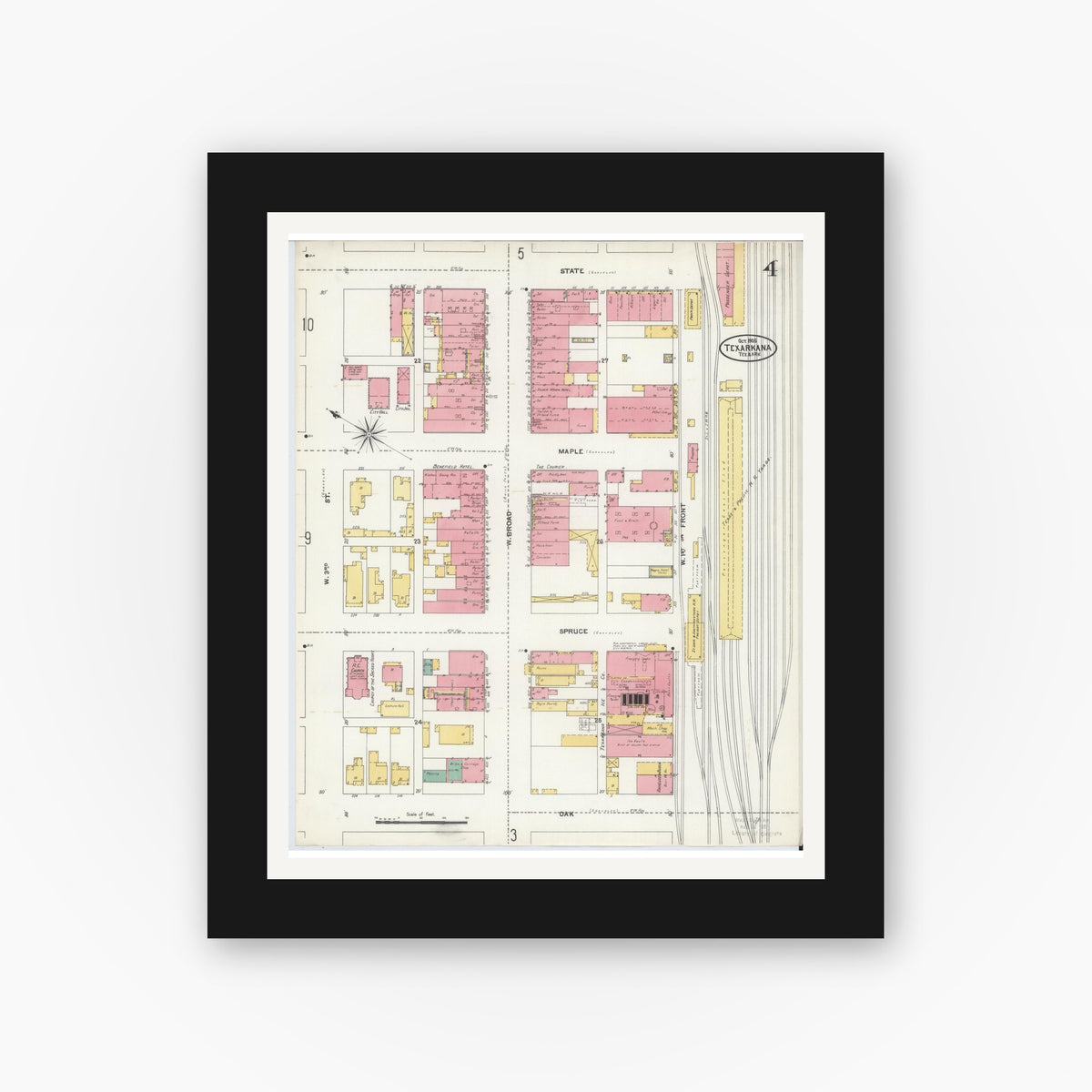 Old map wall art mockup — black gallery frame with white mat — Sanborn Fire Insurance Map from Texarkana, Bowie County, Texas (1905), Sheet #0004