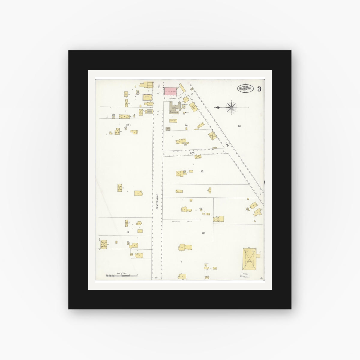 Old map wall art mockup — black gallery frame with white mat — Sanborn Fire Insurance Map from Irvington, Alameda County, California (1908), Sheet #0003