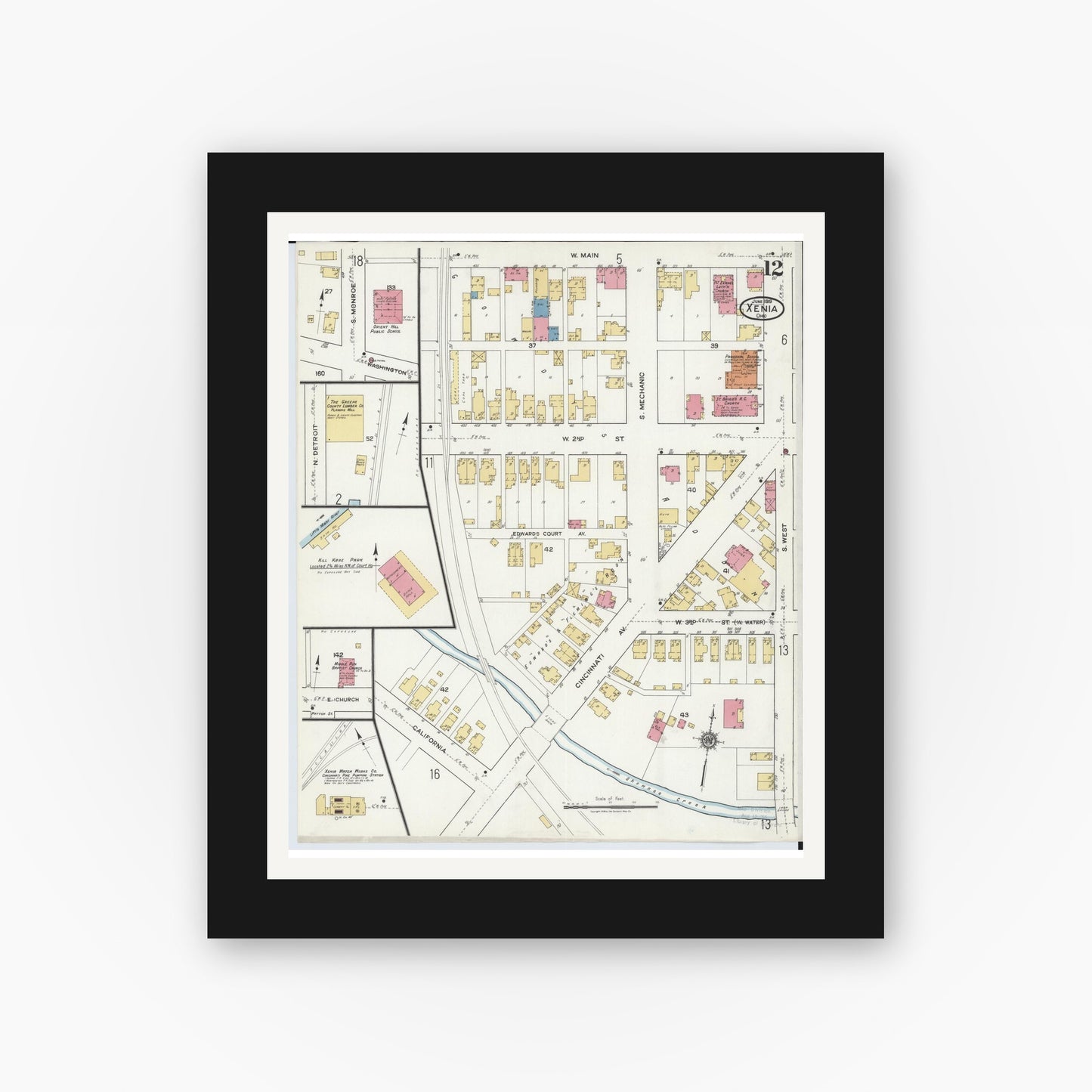Old map wall art mockup — black gallery frame with white mat — Sanborn Fire Insurance Map from Xenia, Greene County, Ohio (1919), Sheet #0012
