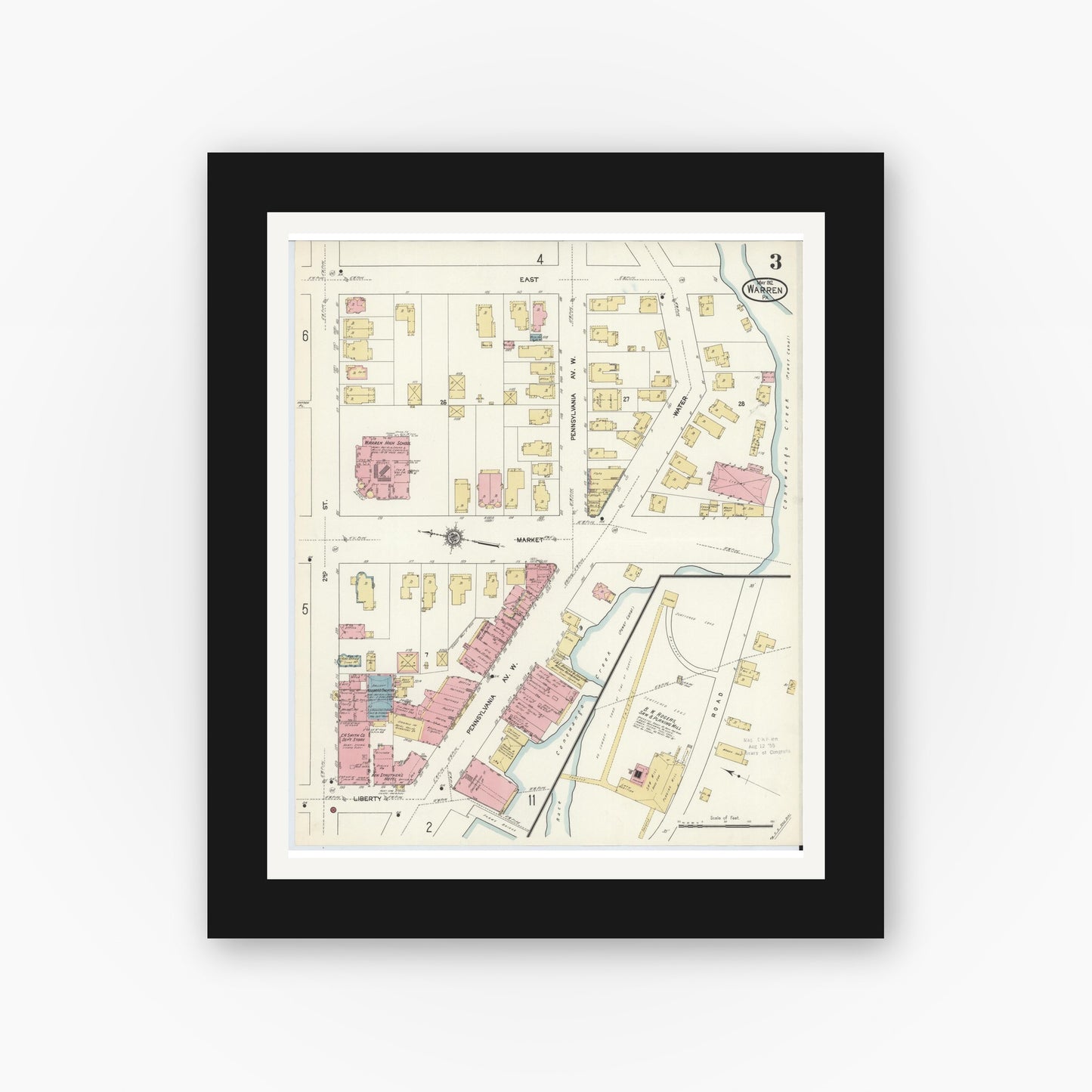 Old map wall art mockup — black gallery frame with white mat — Sanborn Fire Insurance Map from Warren, Warren County, Pennsylvania (1912), Sheet #0003