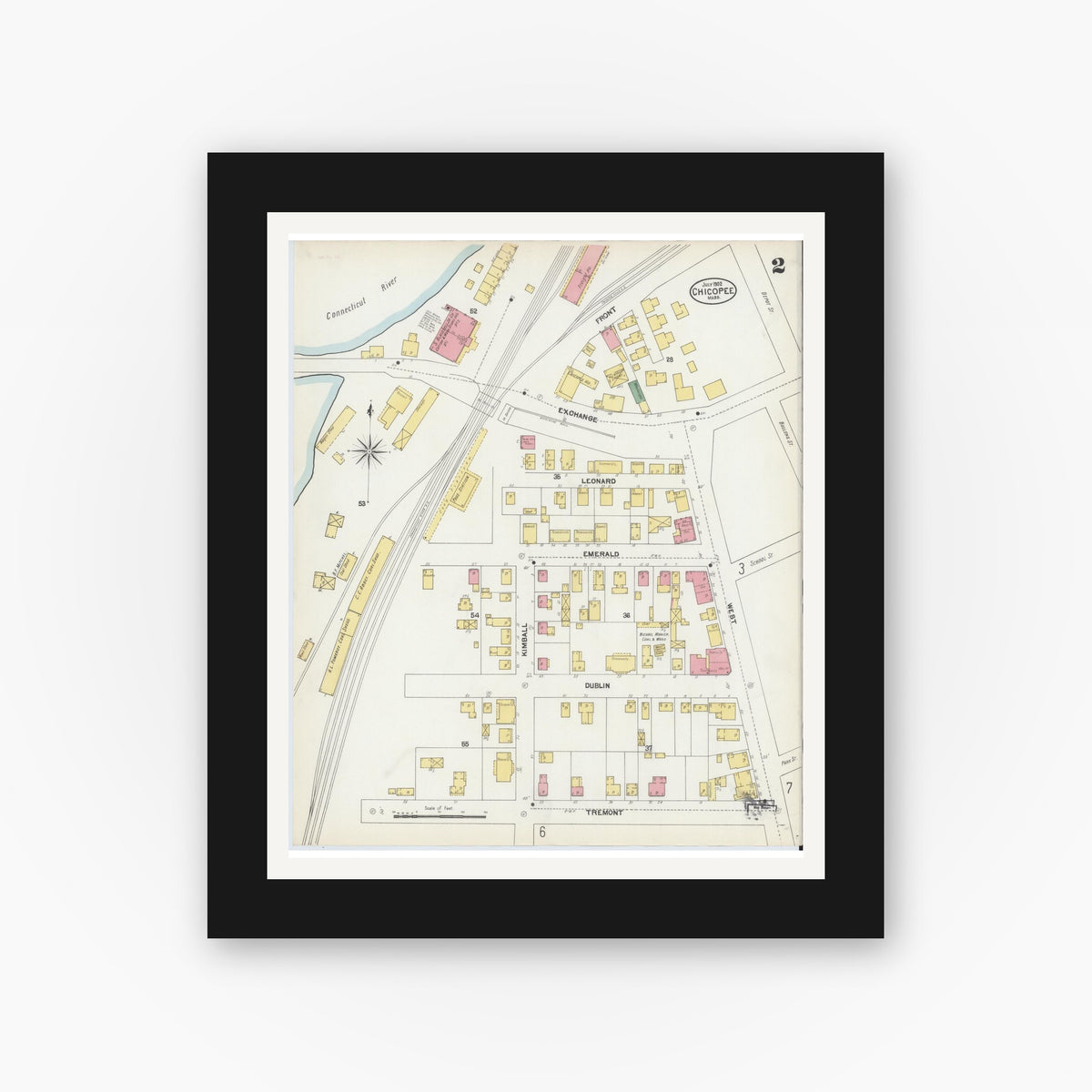 Old map wall art mockup — black gallery frame with white mat — Sanborn Fire Insurance Map from Chicopee, Hampden County, Massachusetts (1902), Sheet #0002
