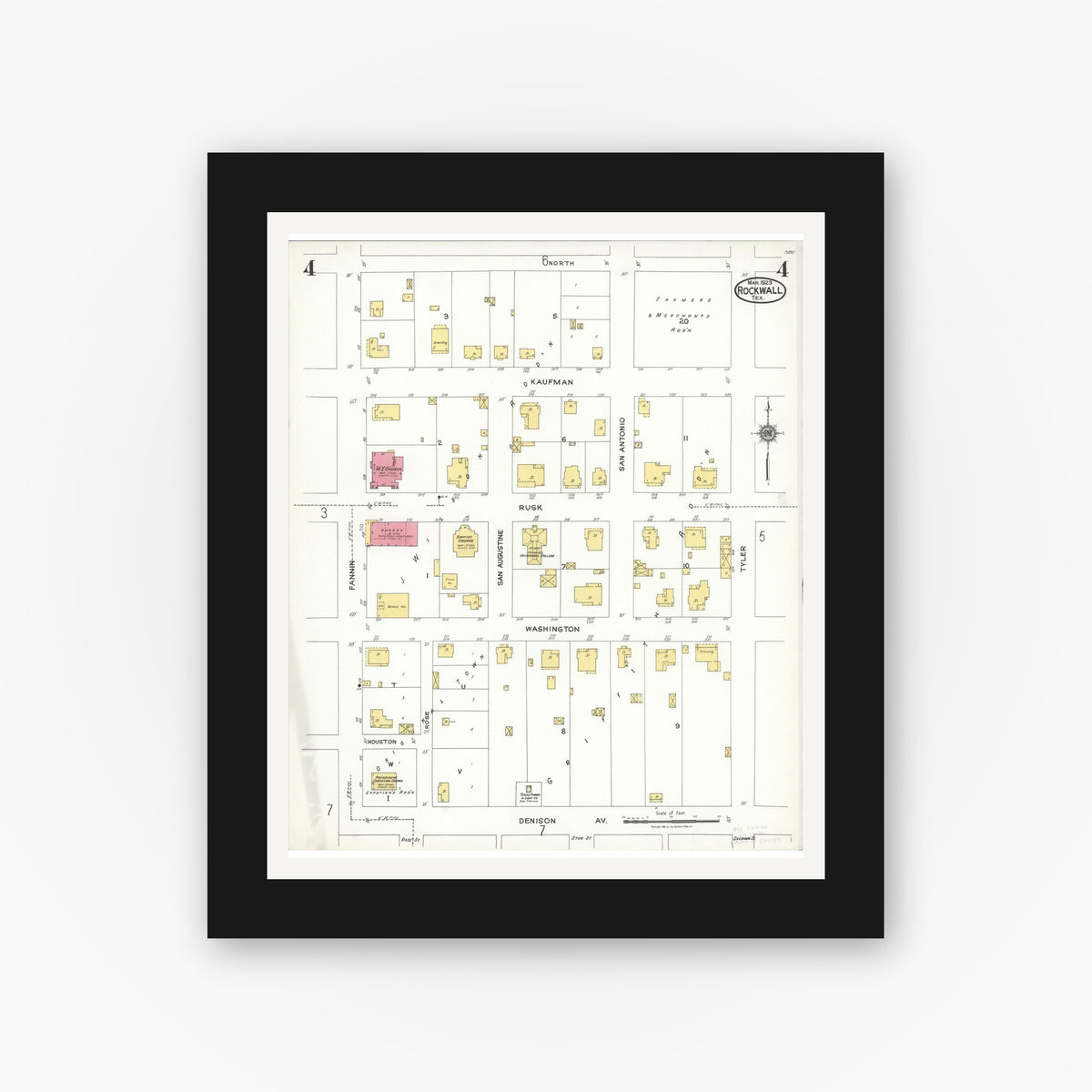 Old map wall art mockup — black gallery frame with white mat — Sanborn Fire Insurance Map from Rockwall, Rockwall County, Texas (1923), Sheet #0004