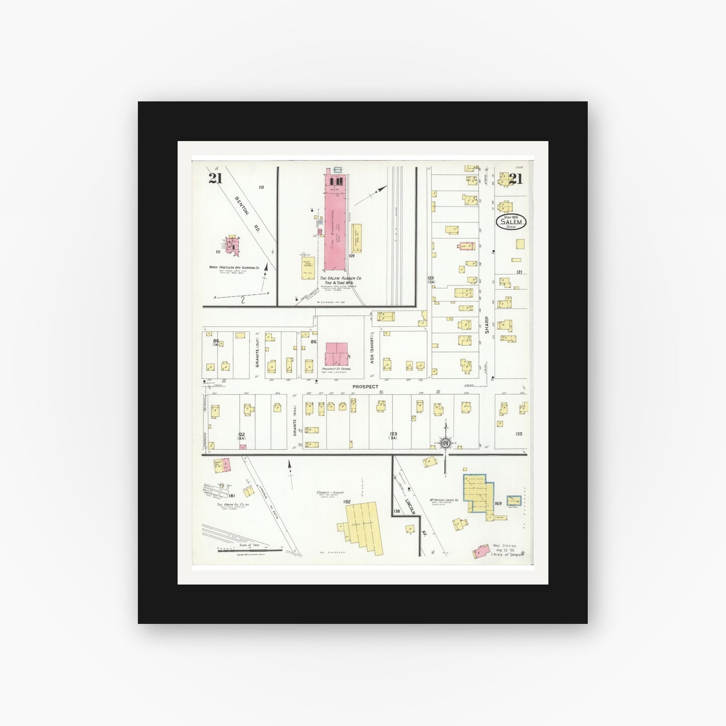 Old map wall art mockup — black gallery frame with white mat — Sanborn Fire Insurance Map from Salem, Columbiana County, Ohio (1926), Sheet #0021