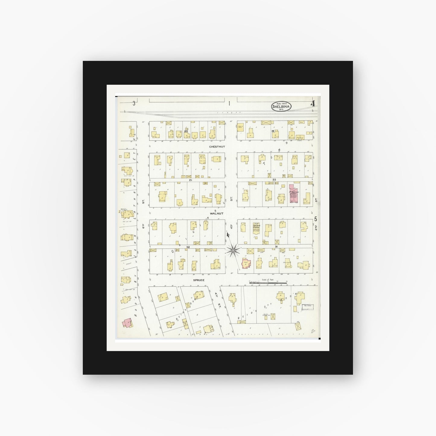 Old map wall art mockup — black gallery frame with white mat — Sanborn Fire Insurance Map from Shelbina, Shelby County, Missouri (1909), Sheet #0004