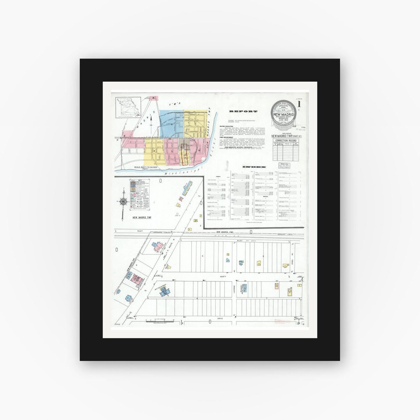 Old map wall art mockup — black gallery frame with white mat — Sanborn Fire Insurance Map from New Madrid, New Madrid County, Missouri (1950) - Complete Map Set