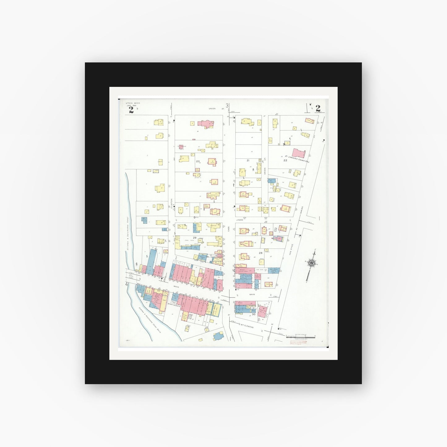 Old map wall art mockup — black gallery frame with white mat — Sanborn Fire Insurance Map from Utica, Macomb County, Michigan (1941), Sheet #0002
